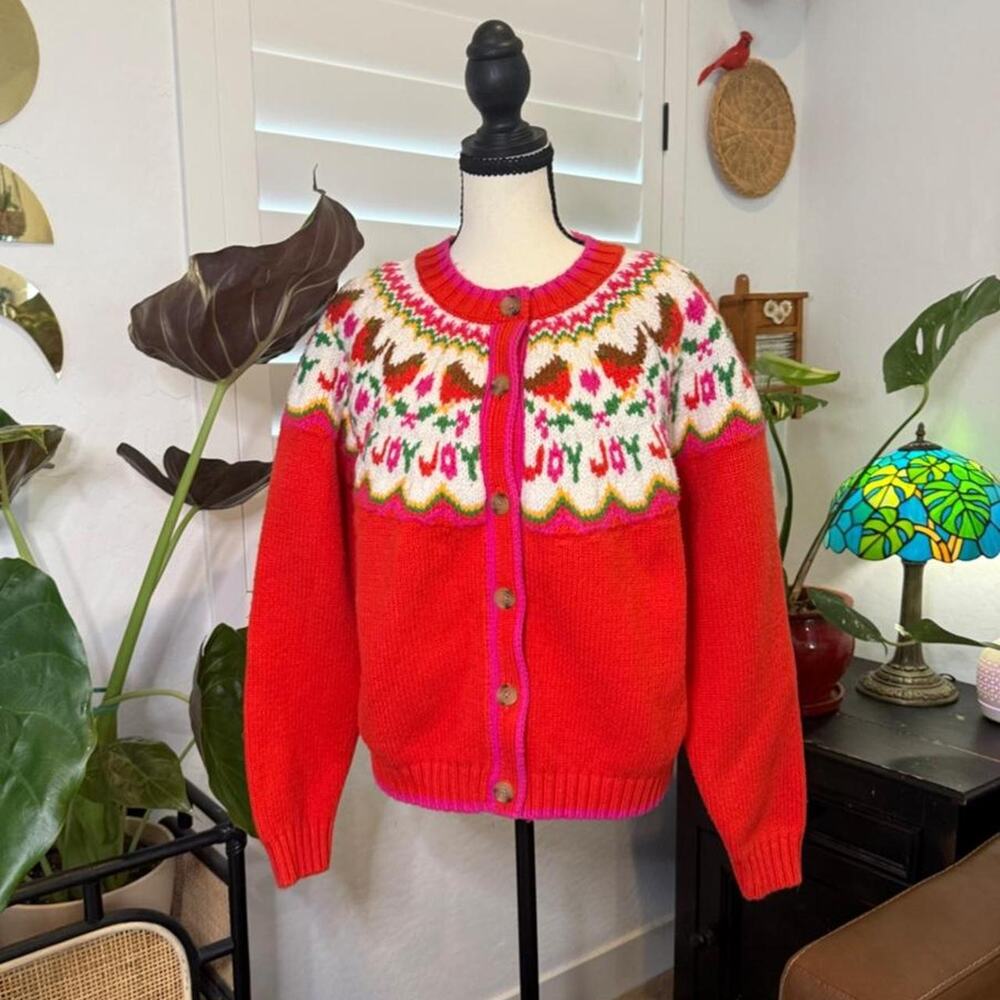 Lands’ End Fair Isle Bird Floral Cardigan Size L 14/16 Cottagecore Folk Knit